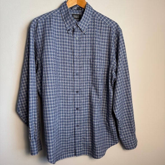 Haggar Men's L Mini-Plaid Long Sleeve Button Up Shirt‎ Wrinkle-Resistant Blue - Picture 1 of 12